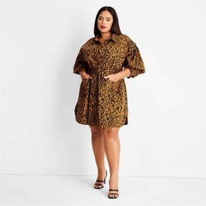 Leopard Print Long Sleeve Utility Denim A-Line Dress